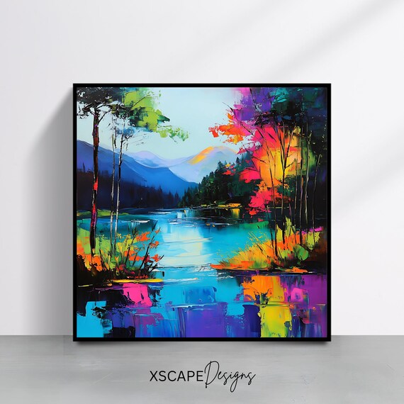 Vibrant Landscape Wall Art Print Abstract Artwork Square Colorful Nature Decor Bright Forest Painting