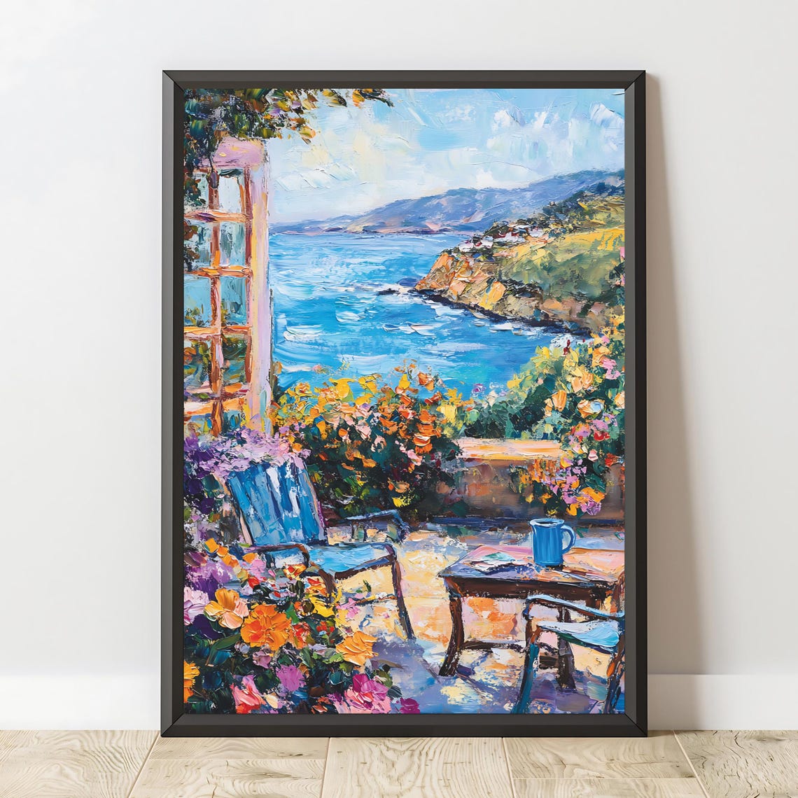 Mediterranean Sea View Terrace with Flowers and Chairs Coastal Poster - Image 2