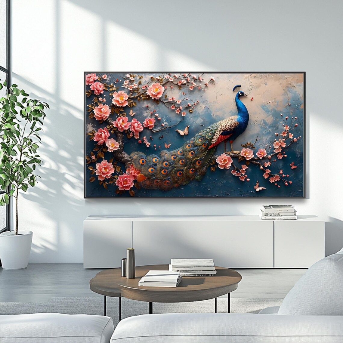Elegant Peacock Blossom Branch Butterflies Blue Floral Poster - Image 4