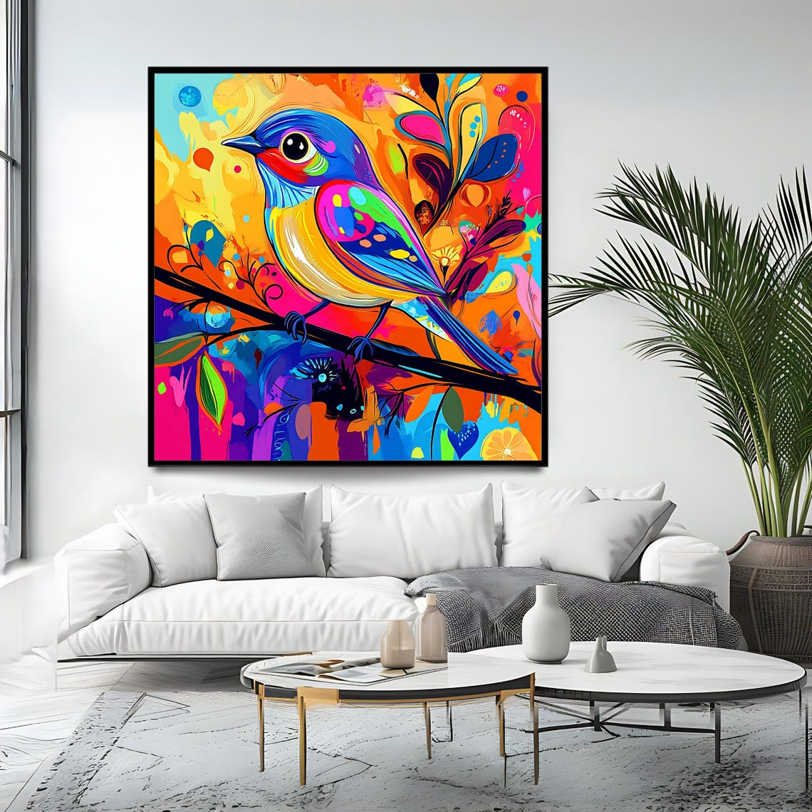 Rainbow Songbird On Branch Explosive Colorful Abstract Bird Art Poster - Image 4