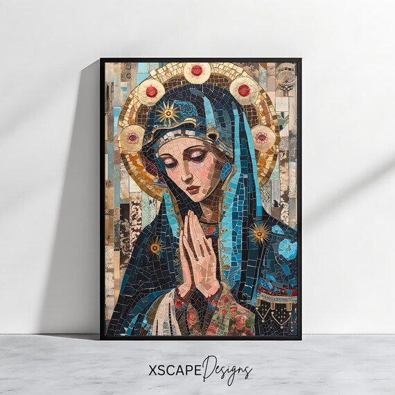 Virgin Mary Mosaic Blue Gold Praying Hands Catholic Religious Wall Art Poster