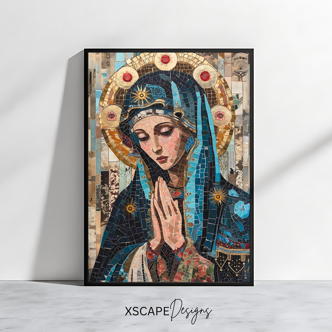 Virgin Mary Mosaic Blue Gold Praying Hands Catholic Religious Wall Art Poster