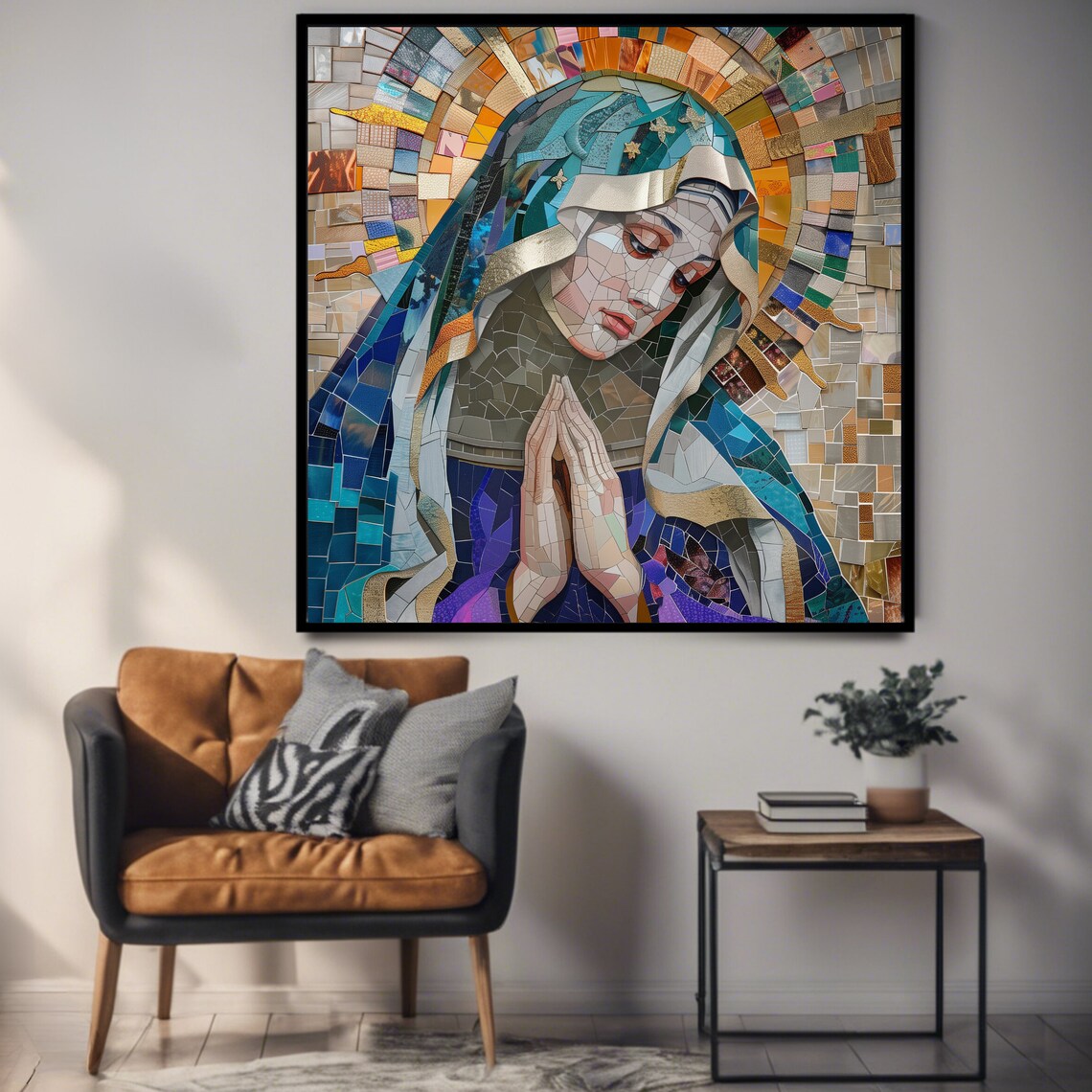 Praying Virgin Mary Colorful Mosaic Halo Catholic Religious Art Print - Image 3