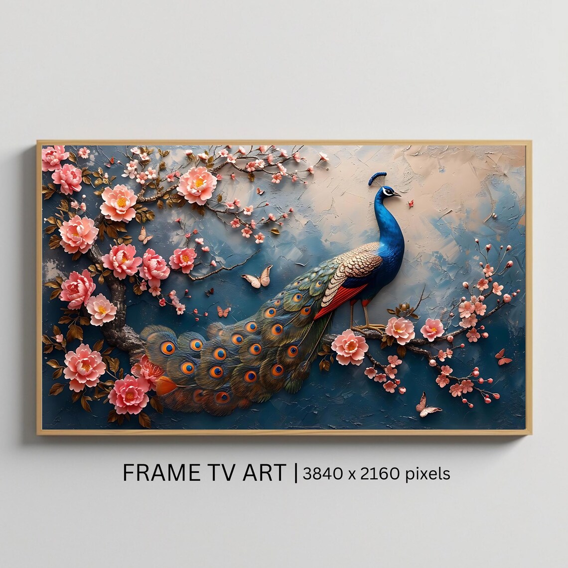 Elegant Peacock Blossom Branch Butterflies Blue Floral Poster