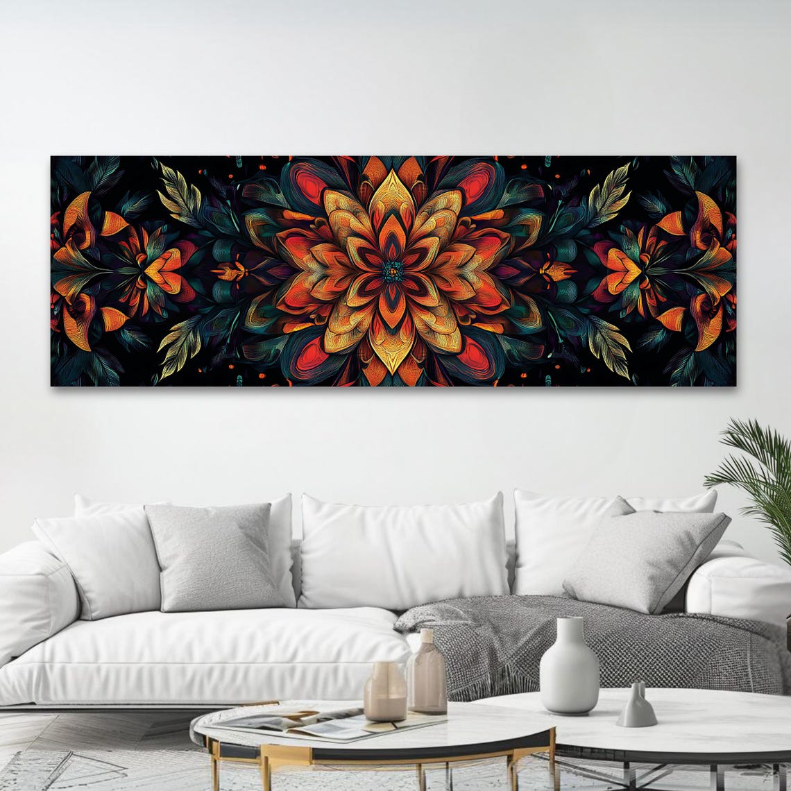 Dark Floral Mandala Wall Art Long Narrow Panoramic Print Boho Oversized Above Sofa Or Bed Decor Moody Botanical - Image 4