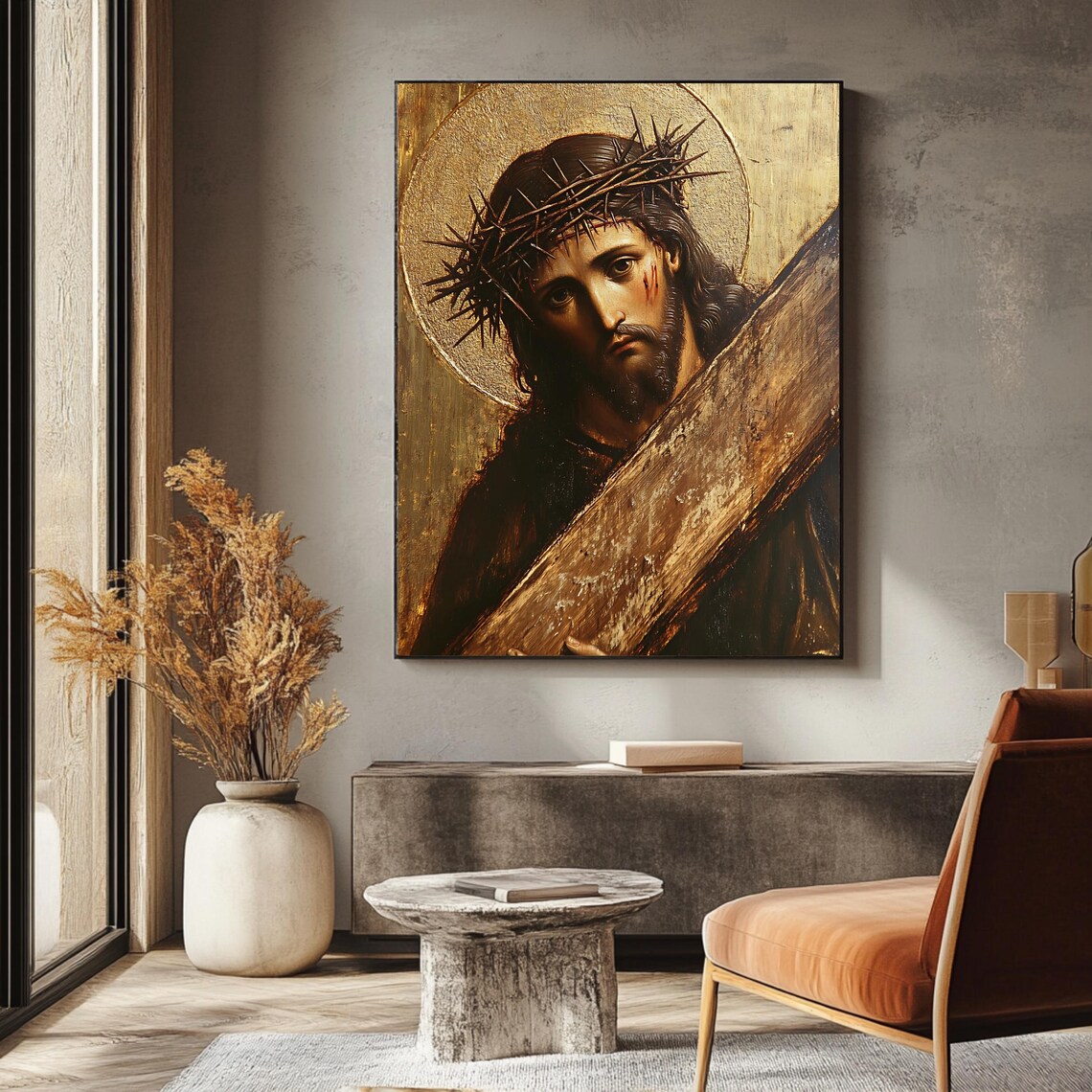Jesus Christ Crown Of Thorns Carrying Cross Golden Halo Sacred Print - Image 3