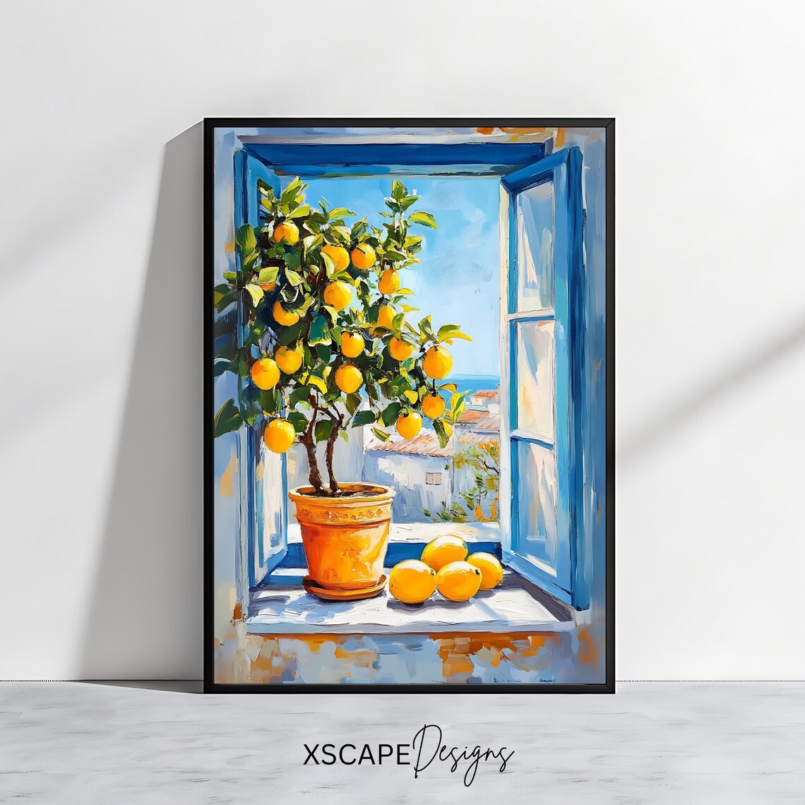 Lemon Tree Wall Art Mediterranean Print With Blue Window Bright Kitchen Decor