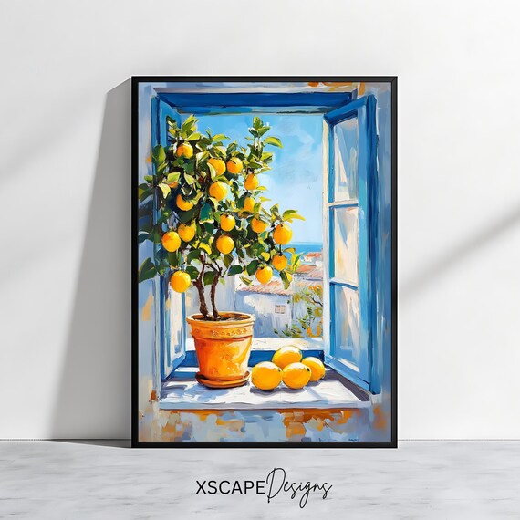 Lemon Tree Wall Art Mediterranean Print With Blue Window Bright Kitchen Decor
