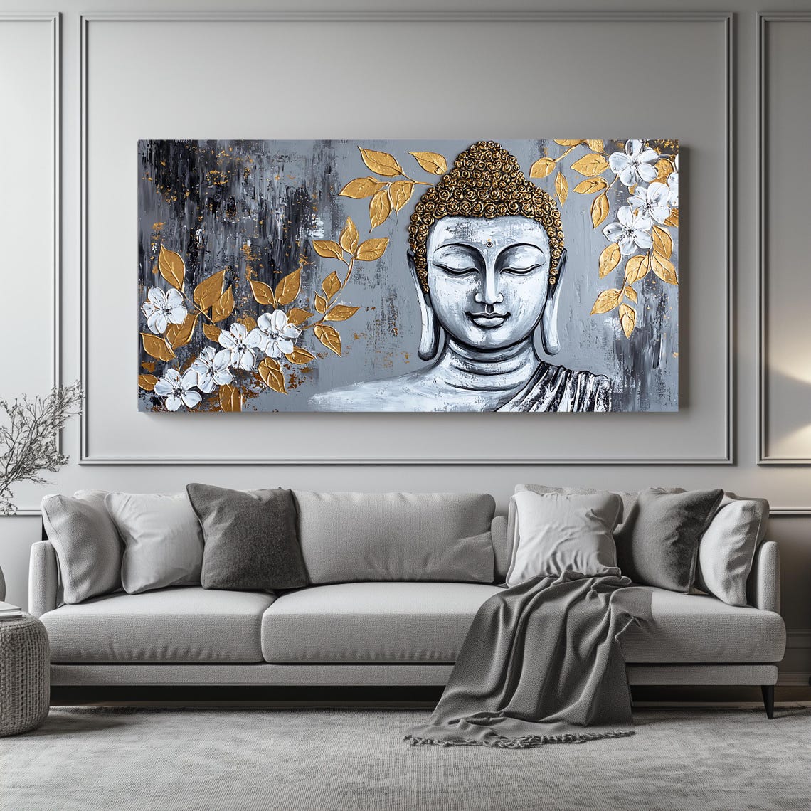 Zen Buddha Face Gold Leaves White Blossoms Gray Panoramic Wall Art - Image 4