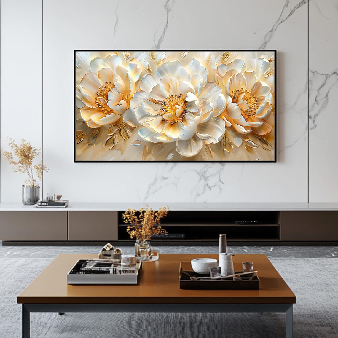 White And Gold Peonies 3D Impasto Relief Elegant Floral Poster - Image 2