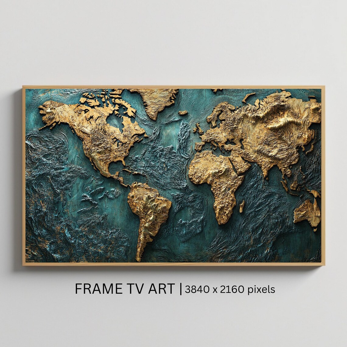 Gold And Teal Textured World Map Relief Art Continents Wall Poster