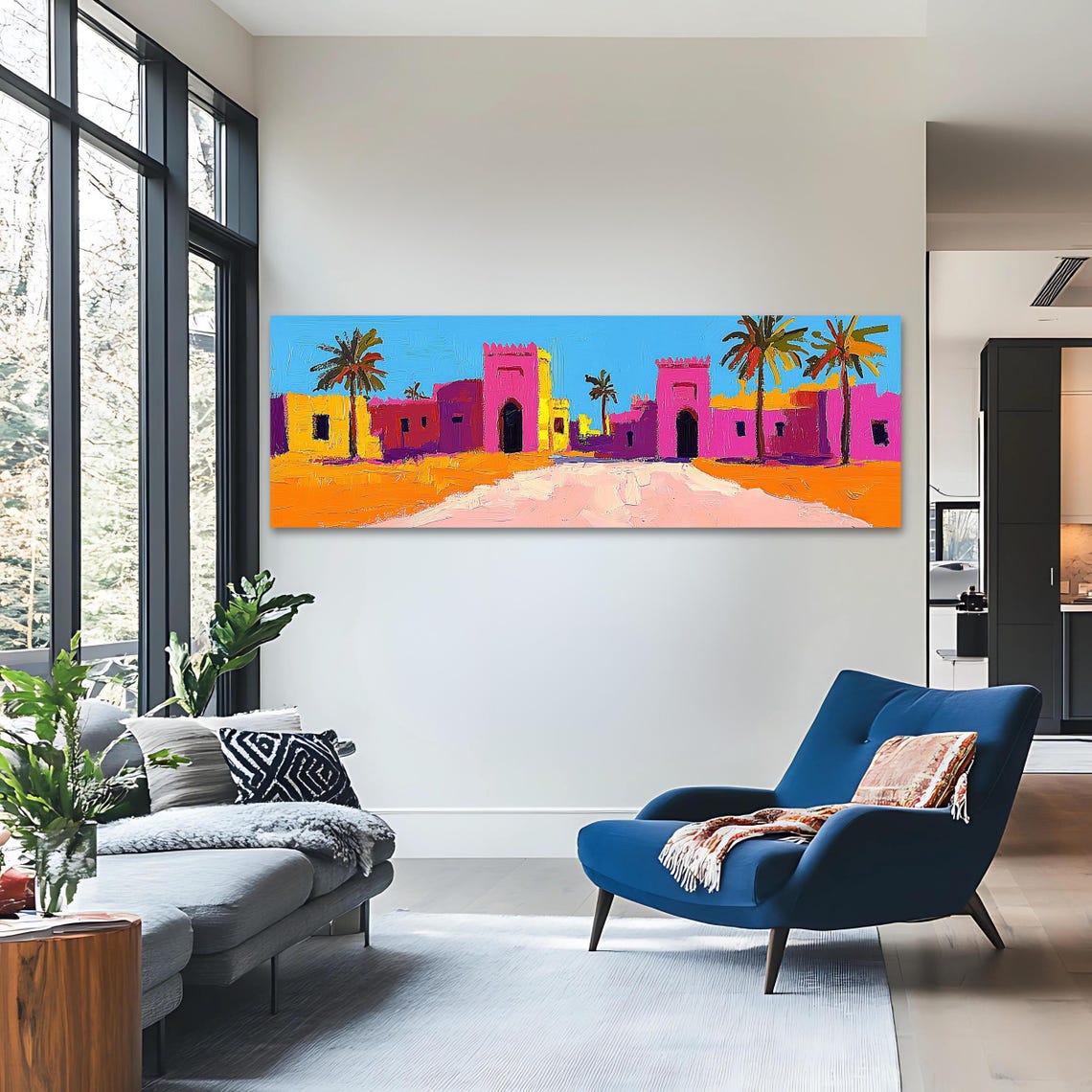 Moroccan Village Wall Art Long Horizontal Narrow Print Vibrant Panoramic Desert Architecture Artwork For Above Couch Or Bed - Image 2
