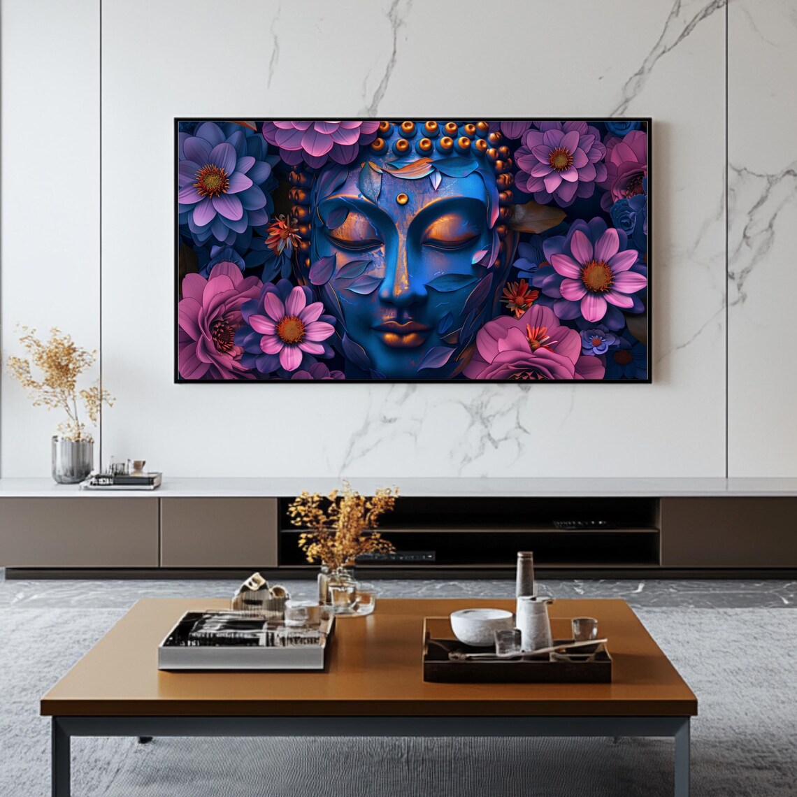 Blue Buddha Face Vibrant Floral Spiritual Zen Meditation Frame TV Art Poster - Image 2