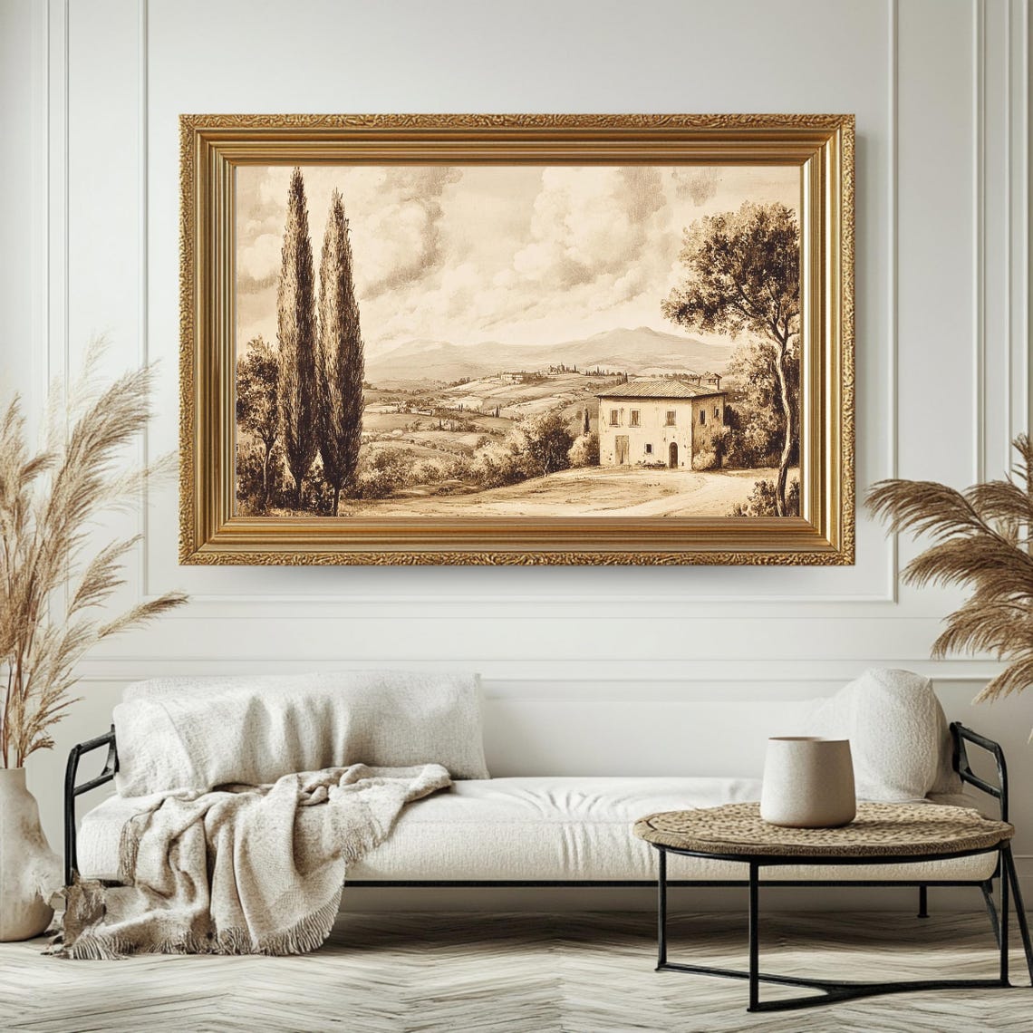 Vintage Tuscan Farmhouse Sepia Countryside Hills Italian Art Poster - Image 4