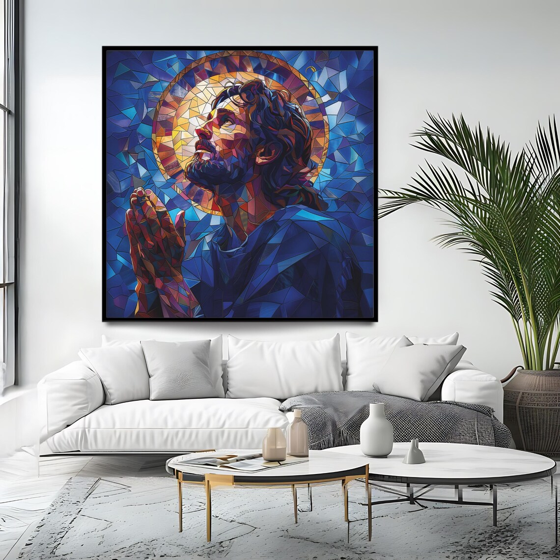 Jesus Christ Praying Stained Glass Mosaic Style Blue Religious Art Poster - Image 4