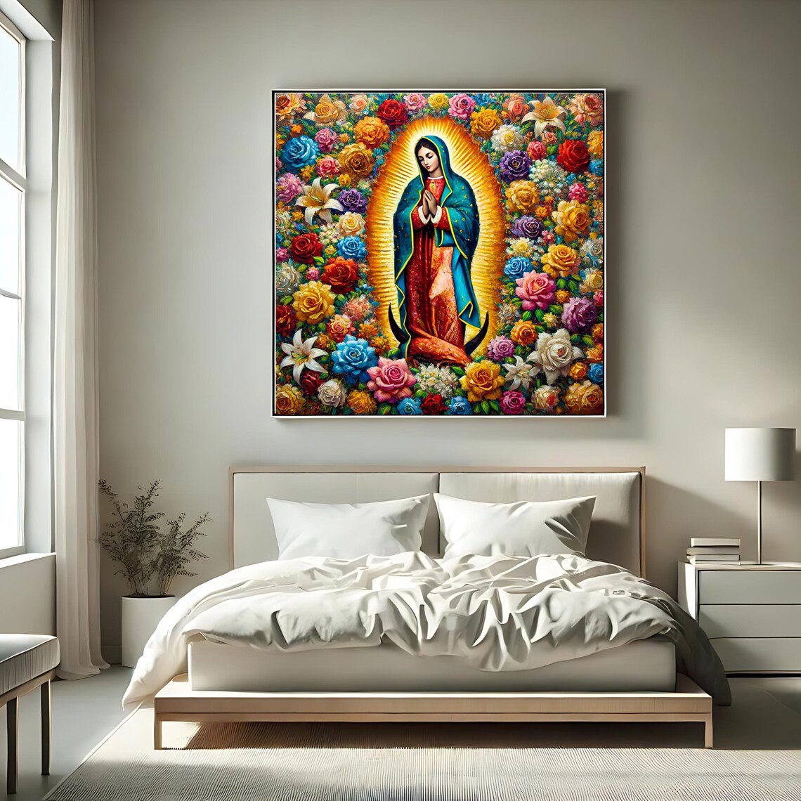 Our Lady Of Guadalupe Golden Halo Among Colorful Roses Art Print Poster - Image 2
