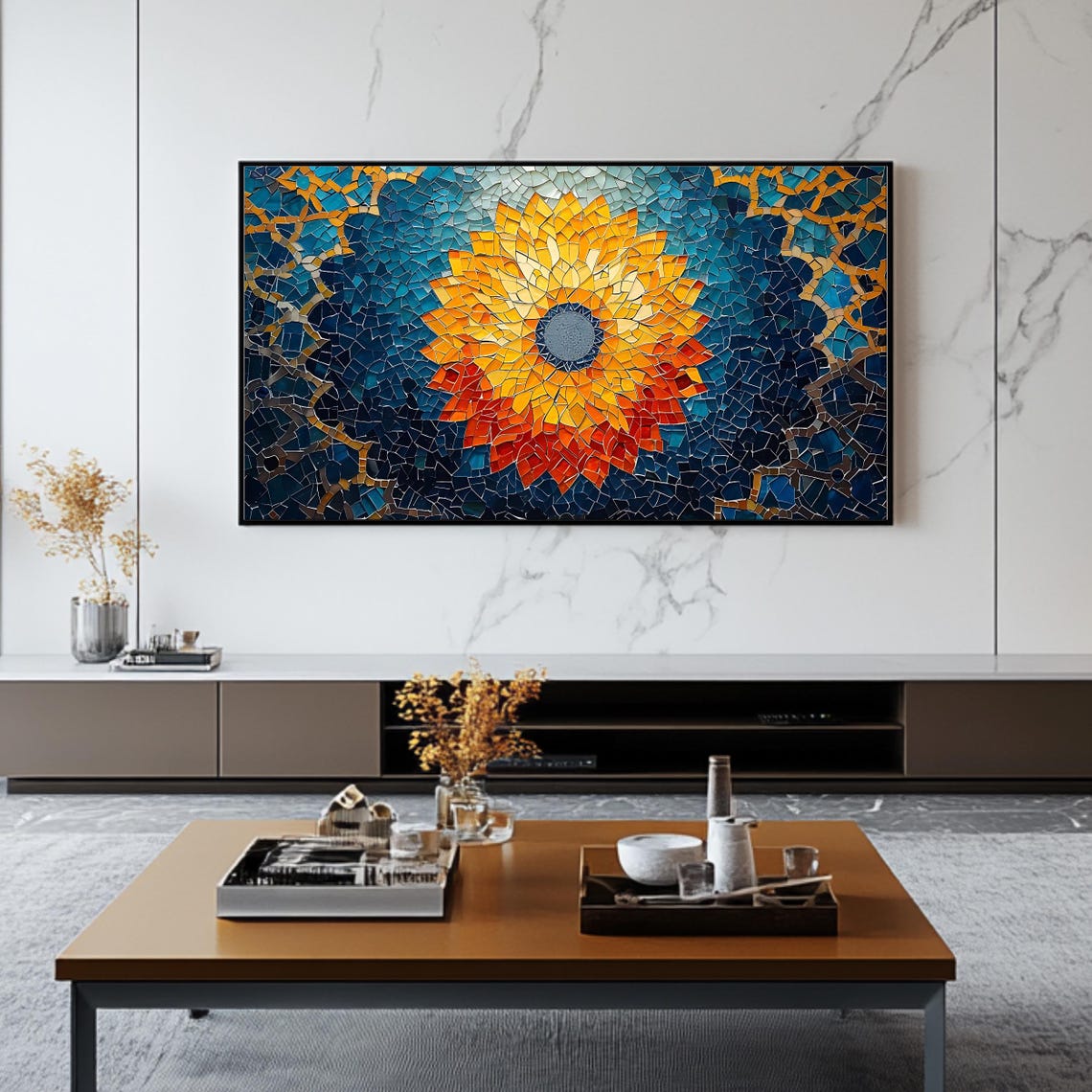 Golden Sunflower Mosaic Mandala Frame TV Art Blue Gold Abstract Poster - Image 2