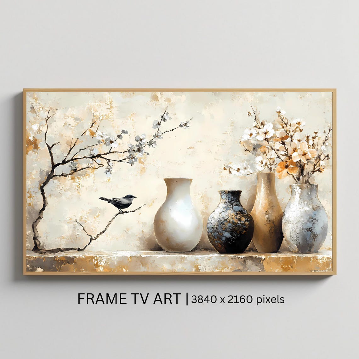 Elegant Ceramic Vases Cherry Blossom Bird Neutral Still Life Poster
