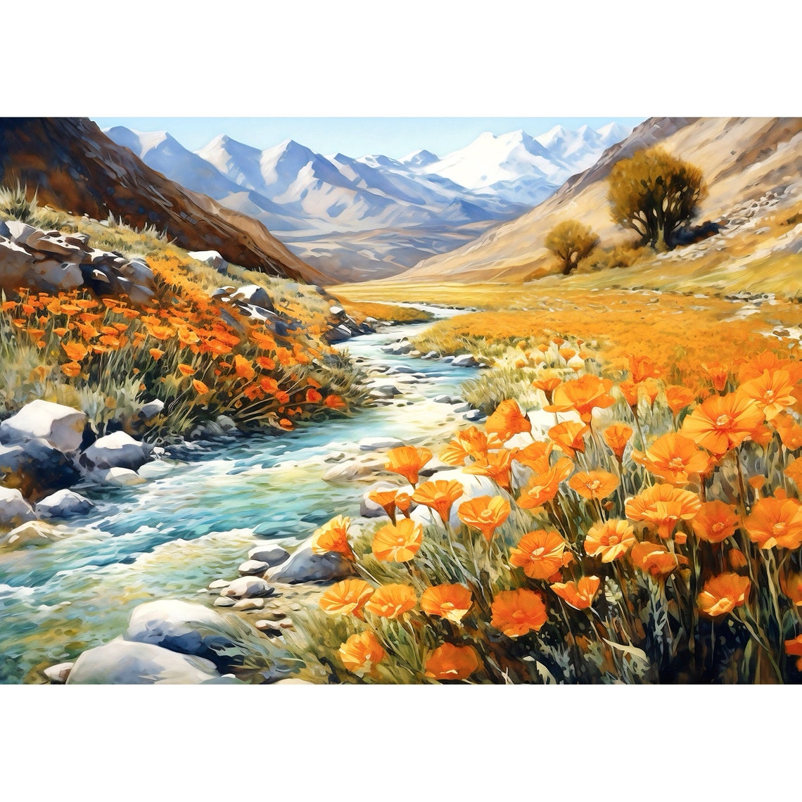 California Poppy Watercolor Poster, Mountain Landscape