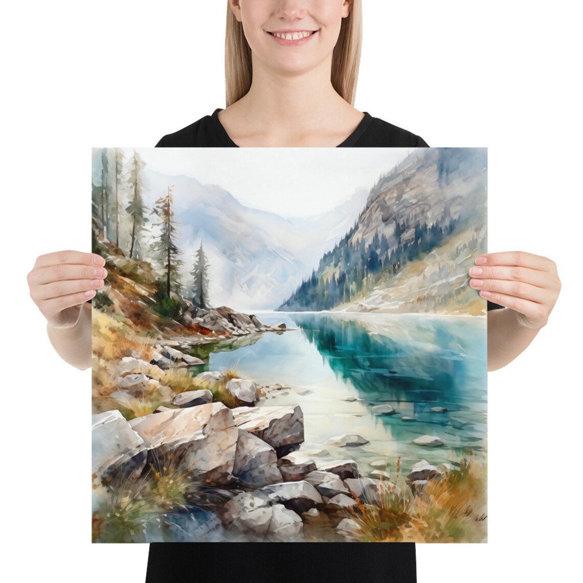 Mountain Landscape Watercolor Painting, Mountain Lake - Image 3