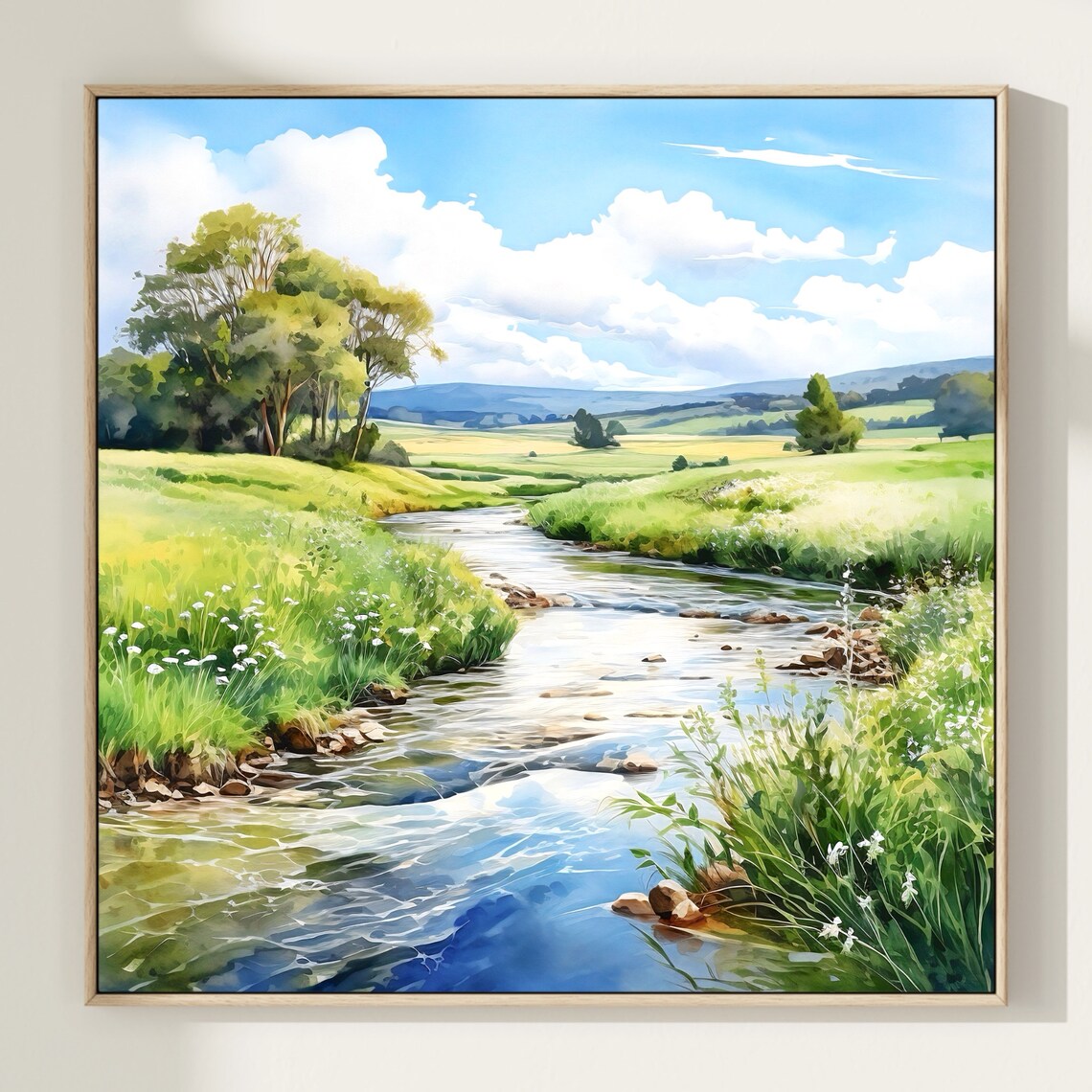 Country River Landscape Watercolor, Art Print