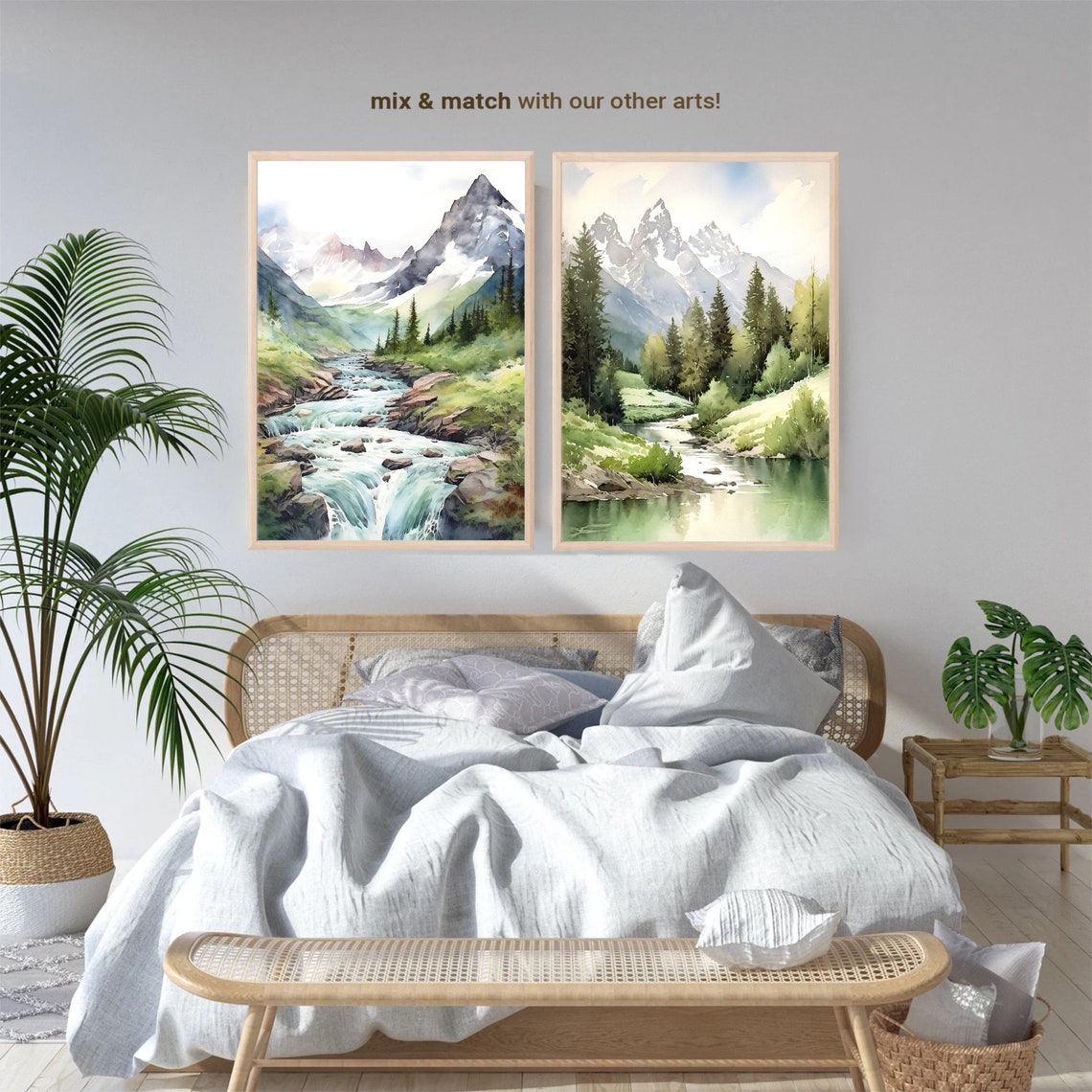 Mountain River Painting Print Pine Tree Wall Art Watercolor Landscape - Image 2