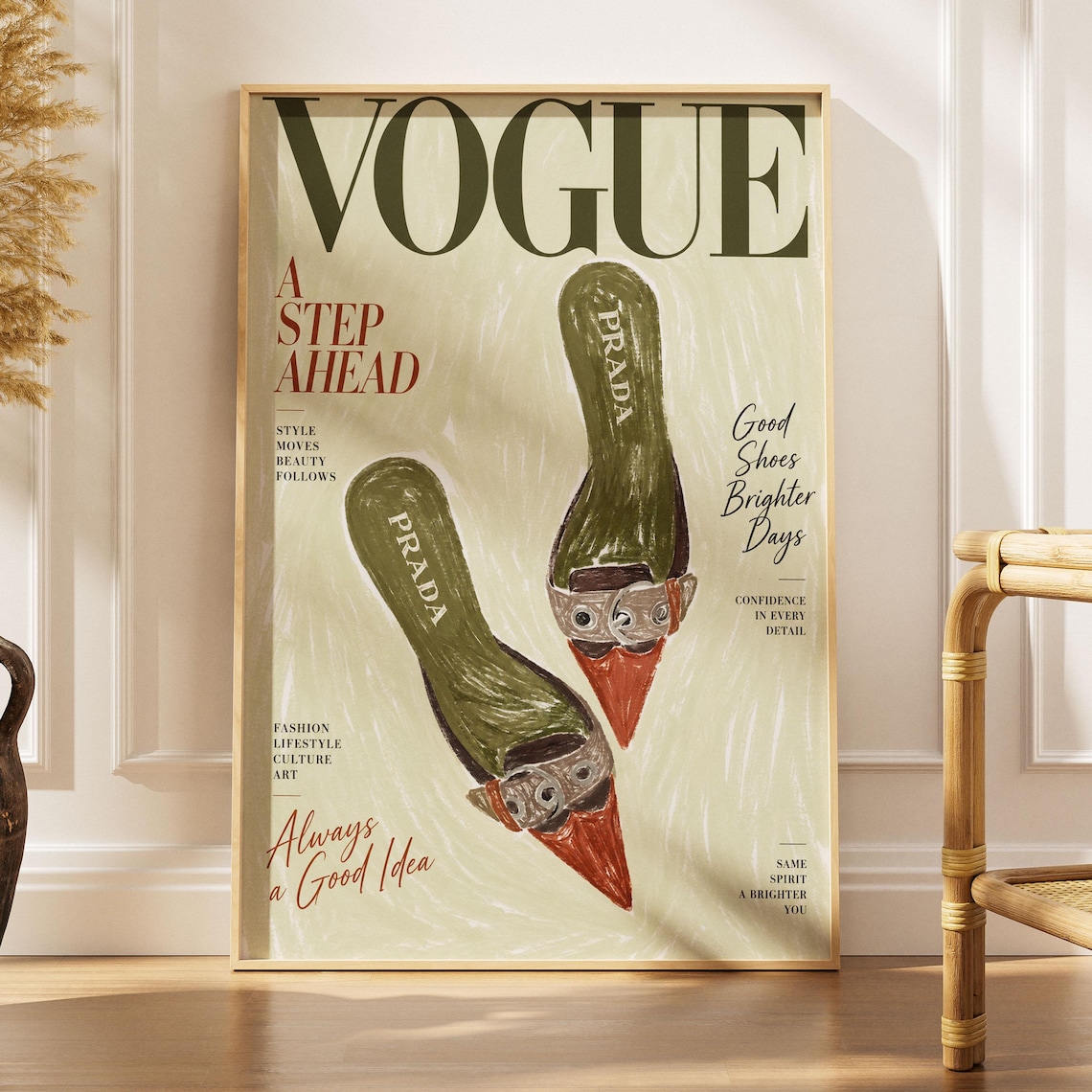 Vogue Fashion Cover Olive Prada Buckle Mules Shoe Art Poster