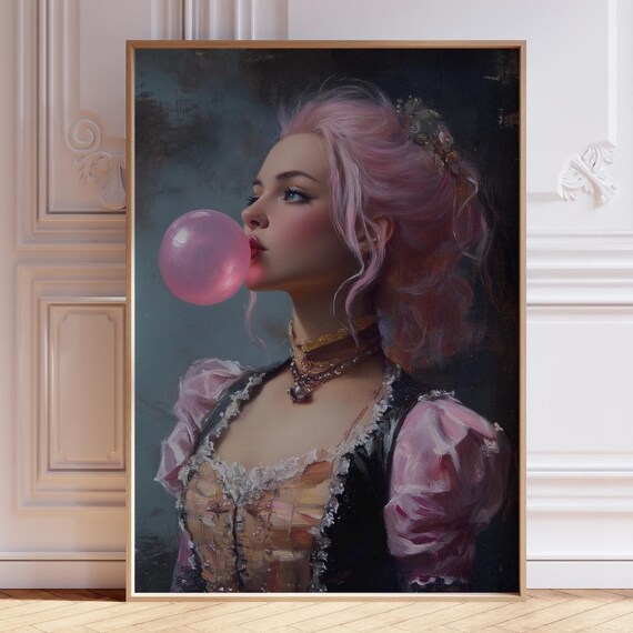 Bubble Gum Portrait Art Altered Art Print Whimsical Vintage Painting Funny Classical Art Coquette Decor Pink Wall Art Prints