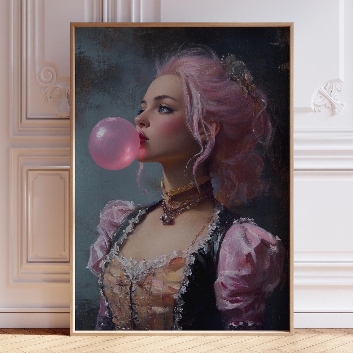 Pink Bubblegum Rococo Lady Oil Painting Style Altered Portrait Poster
