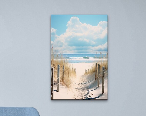 Sandy Beach Path Through the Dunes Under a Bright Blue Sky Poster