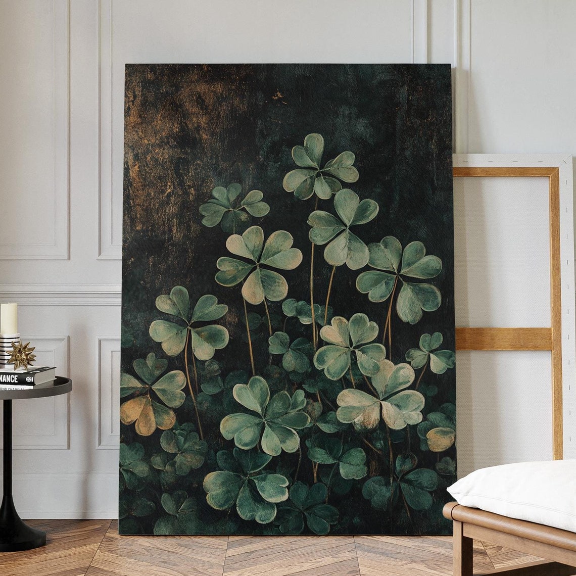 Moody Painterly Clover Blossoms Dark Botanical Canvas Wall Art