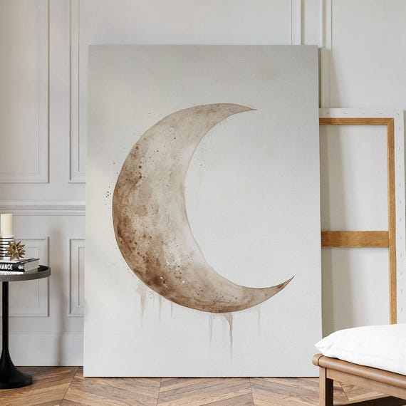 Rustic Crescent Moon Watercolor, Boho Celestial Decor