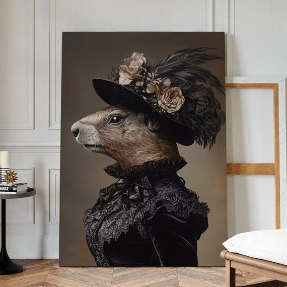 Victorian Prairie Dog In Black Lace Dress And Feather Hat Anthropomorphic Animal Portrait Funny Vintage Wall Art