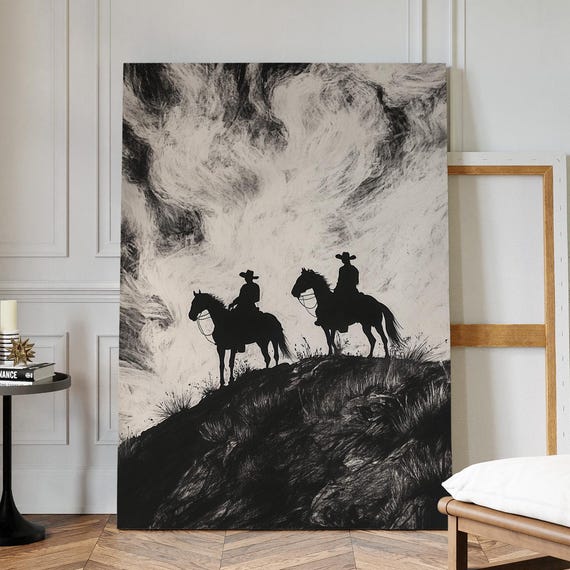 Cowboy Silhouette Canvas Wall Art Western Riders On Horseback With Dramatic Monochrome Sky