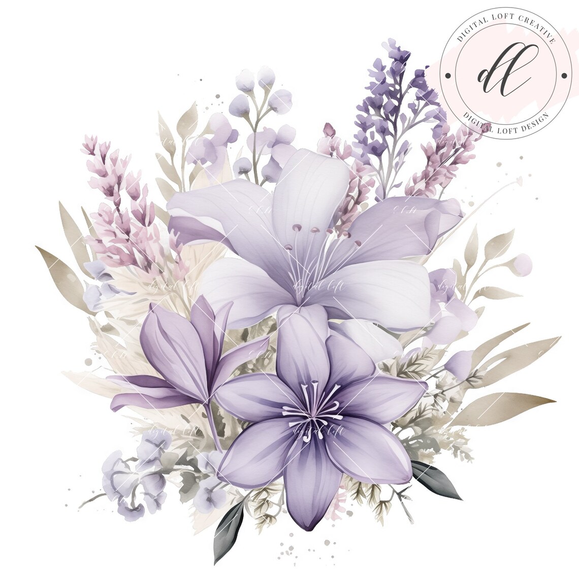 Lavender Lily Bouquet Watercolor Bundle Nine Floral Wall Art - Image 2