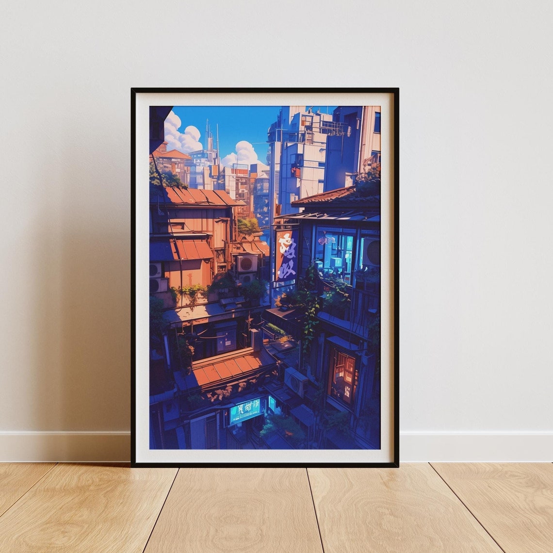 Sunlit Tokyo Street Scene With Red Bus Anime City View Poster