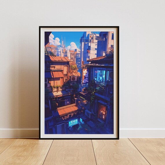 Sunlit Tokyo Street Scene With Red Bus Anime City View Poster