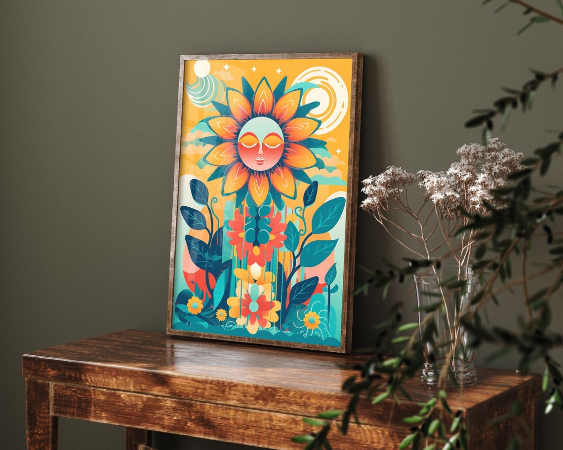 Smiling Sun Flower Face Boho Floral Garden Illustration Poster