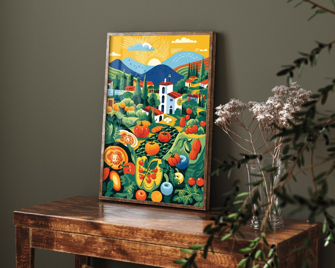Welsh Village Harvest Knolling Illustration Colorful Farm Poster