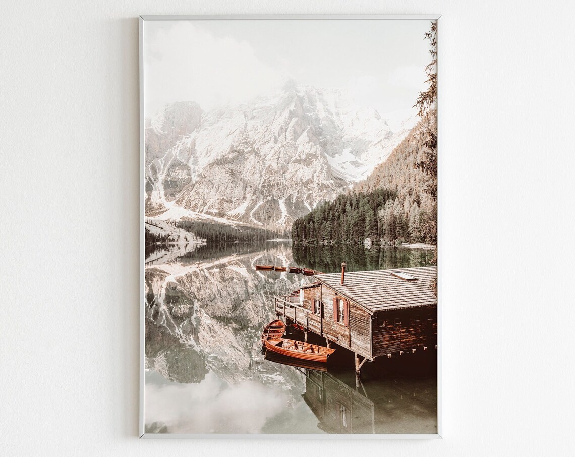 Lago di Braies Wooden Boathouse and Mirror Lake Photography Poster
