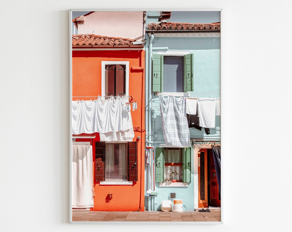 Burano Venice Colorful Houses with Hanging Laundry Photography Poster