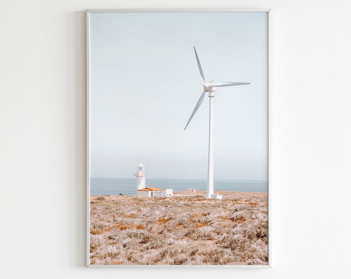Wind Turbine Lighthouse Coastal Field Minimal Photo Landscape Poster