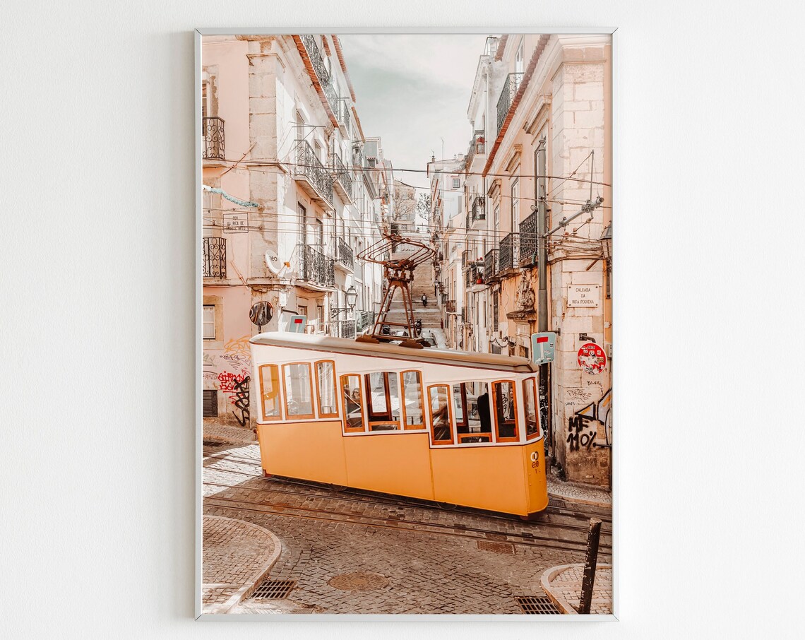 Lisbon Yellow Tram Climbing Cobblestone Street Vintage Wall Print