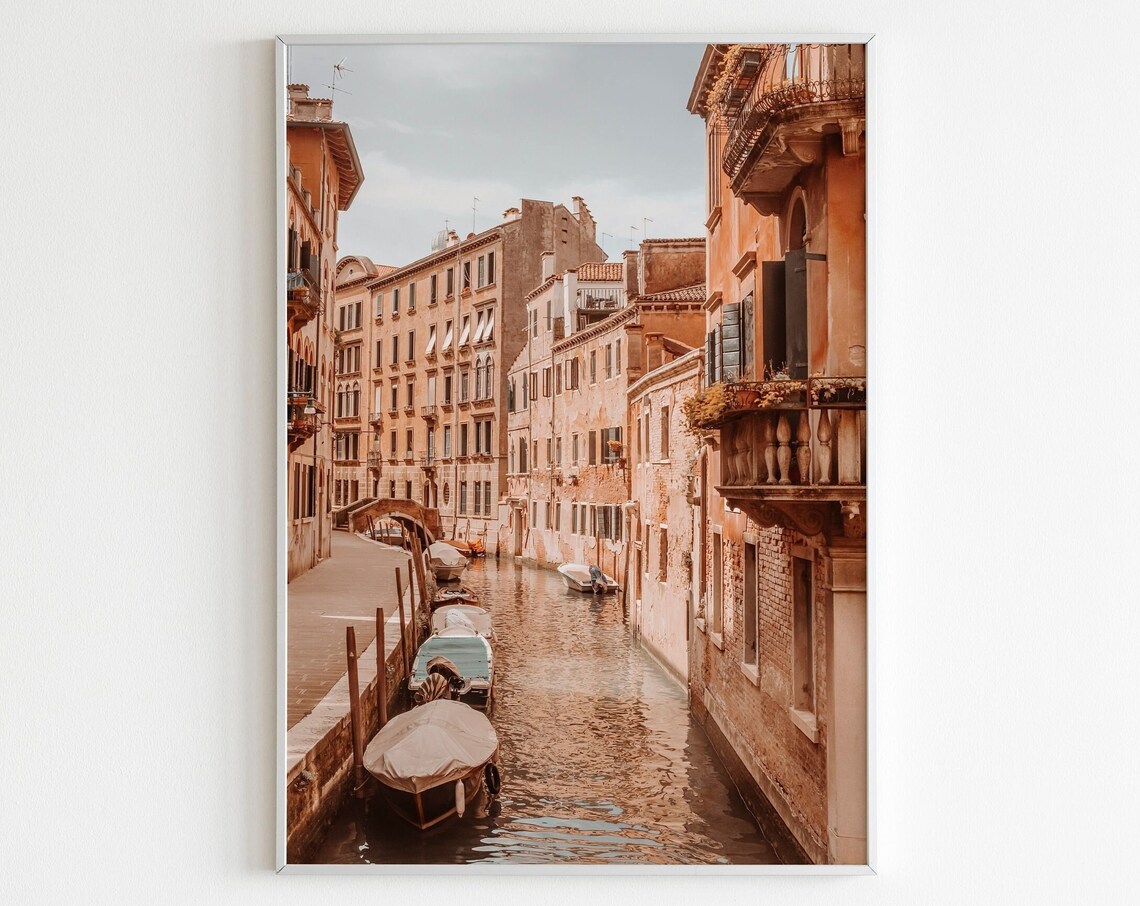 Venice Quiet Canal Moored Boats Old Buildings Pastel Photo Art Poster