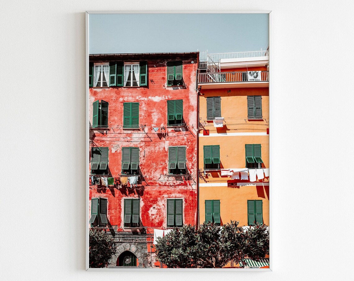 Cinque Terre Colorful Buildings with Green Shutters Photography Poster