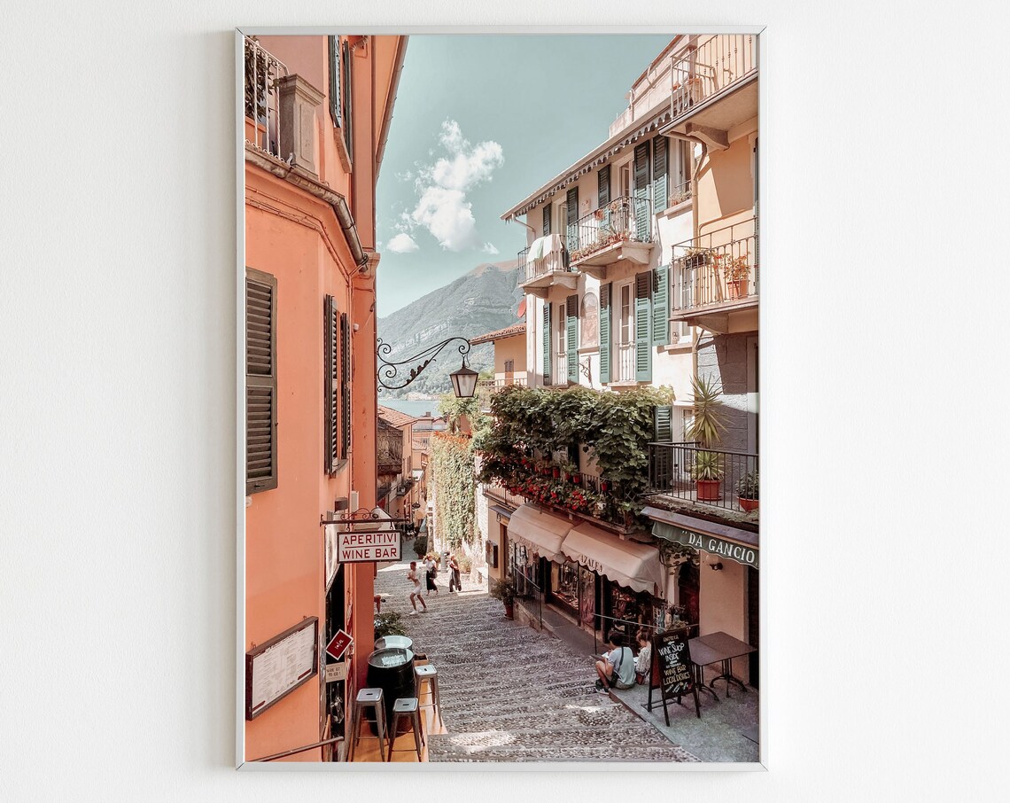 Lake Como Street Cafes Pastel Photo Italy Lakeside Travel Poster