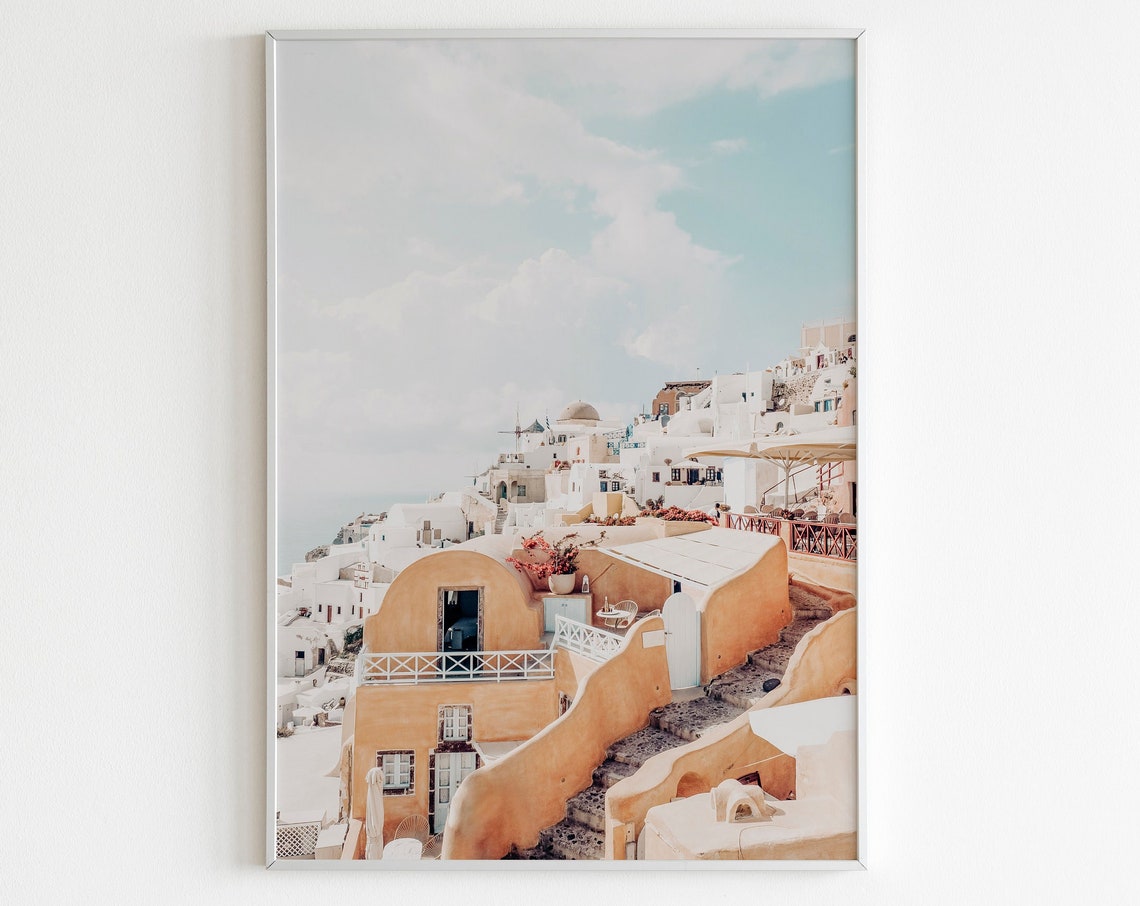 Santorini White Village Terraces Caldera View Greece Travel Poster