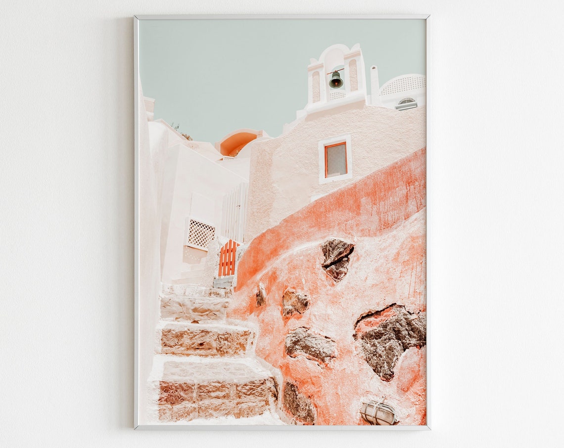 Santorini Greece Whitewashed Church Steps Pastel Travel Wall Print
