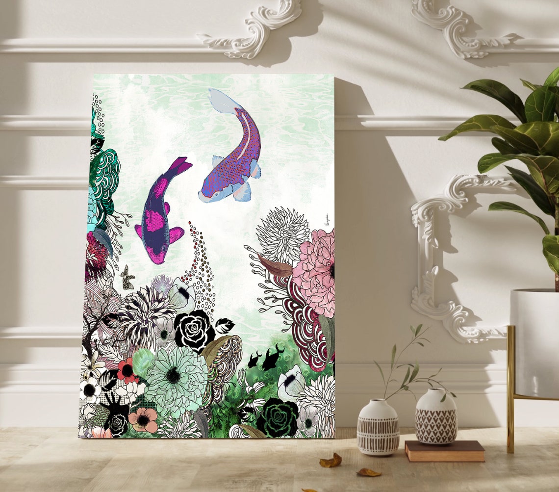 Japanese Wall Art Koi Fish Art Print Large Wall Art Colorful Fish Painting Feng Shui Decor Floral Japandi Art Housewarming Gift - Image 2