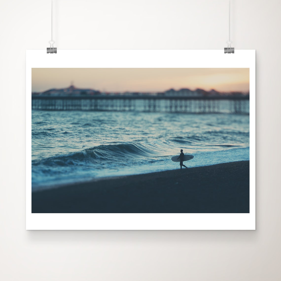 Surfer Walking at Sunset Pier Silhouette Moody Beach Photo Poster